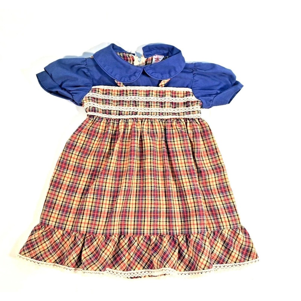 Vintage Sears Girls Plaid‎ Dress Blue Puff Sleeve Lace Trim Size 4 1970s Retro